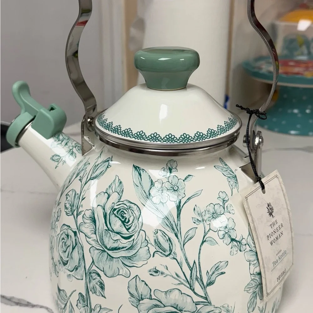 The Pioneer Woman Green and White Floral Teapot